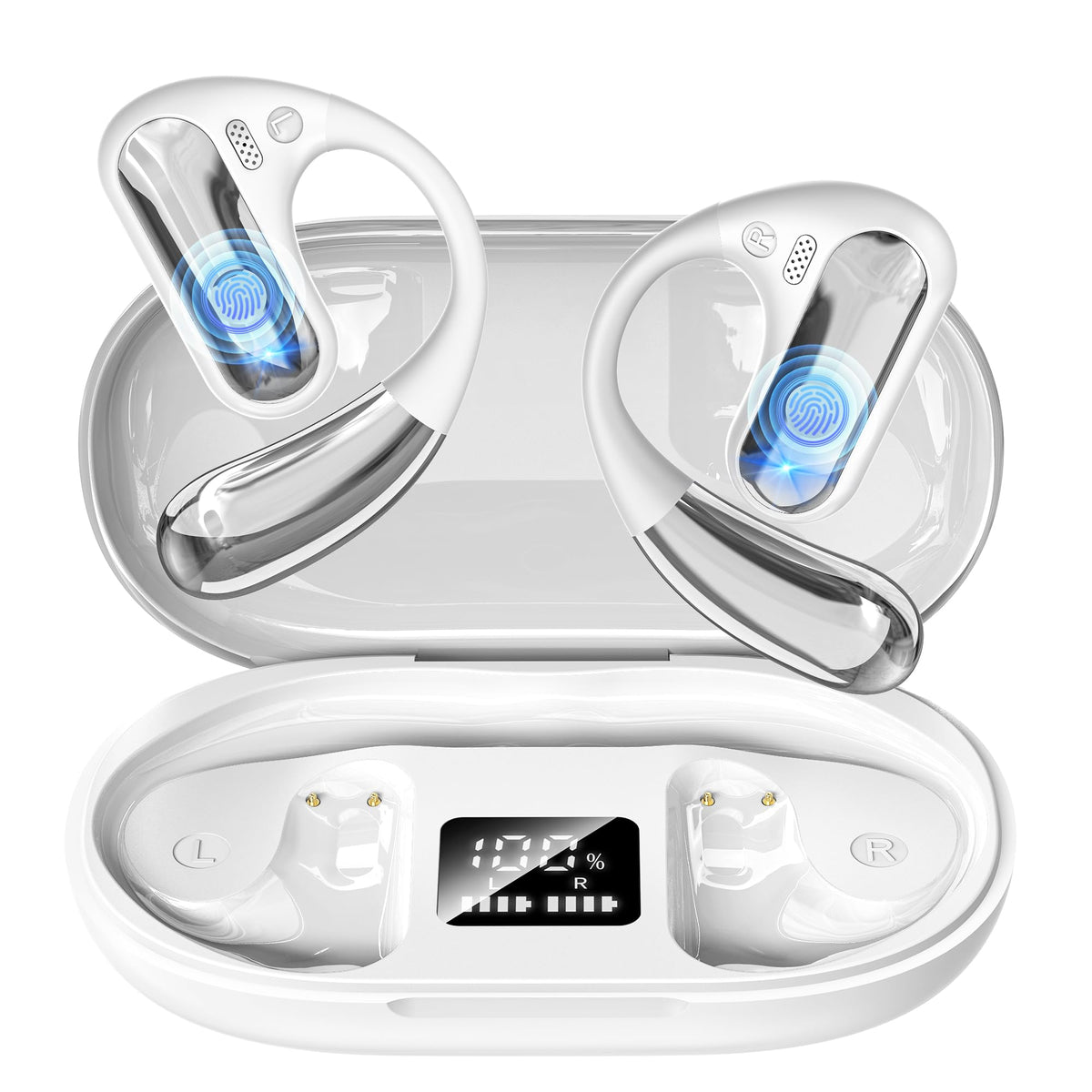 CoolJumper Open Ear Headphones with LED display show charging status for quick top-ups.