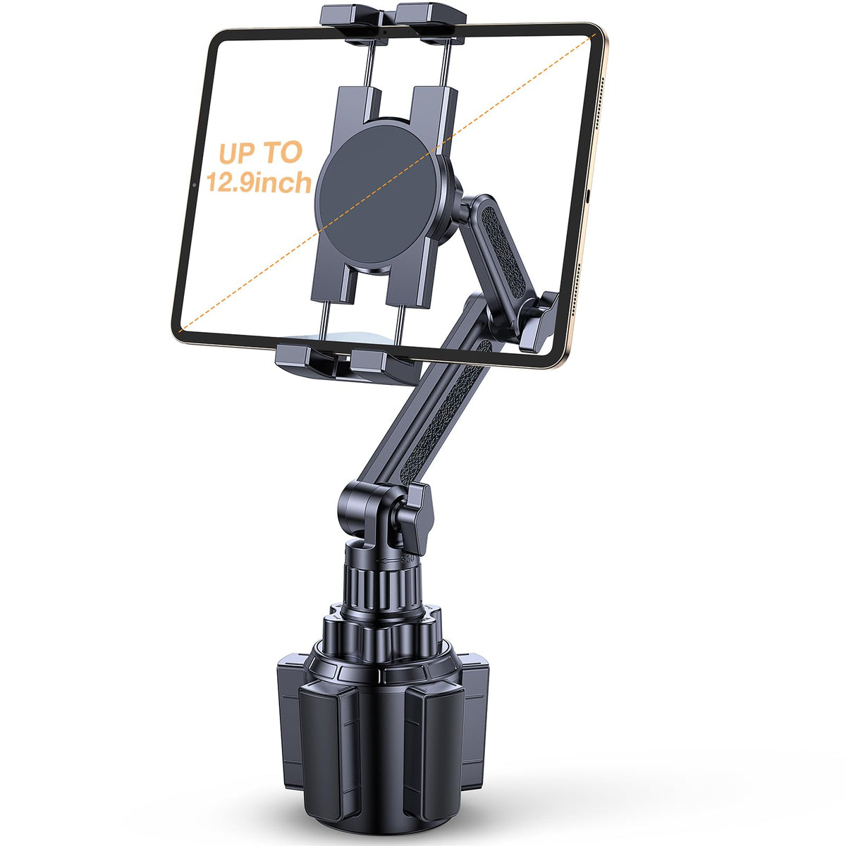 Coolpow Cup Holder Tablet Holder with deep clamp secures the device during travel.