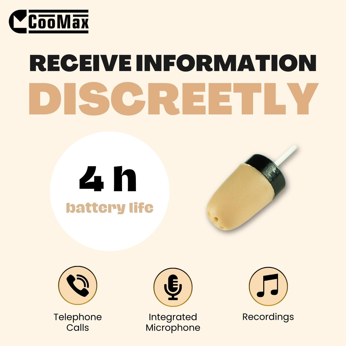 COOMAX earpiece placed in ear canal demonstrating near-invisibility advantage