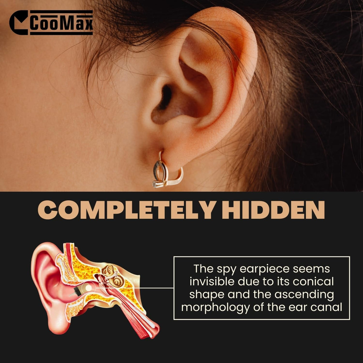 COOMAX loopset and earpiece next to ruler displaying ultra-small scale benefit