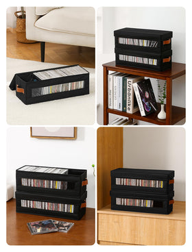 Coorganisers in a media room holding discs to create tidy, accessible entertainment storage
