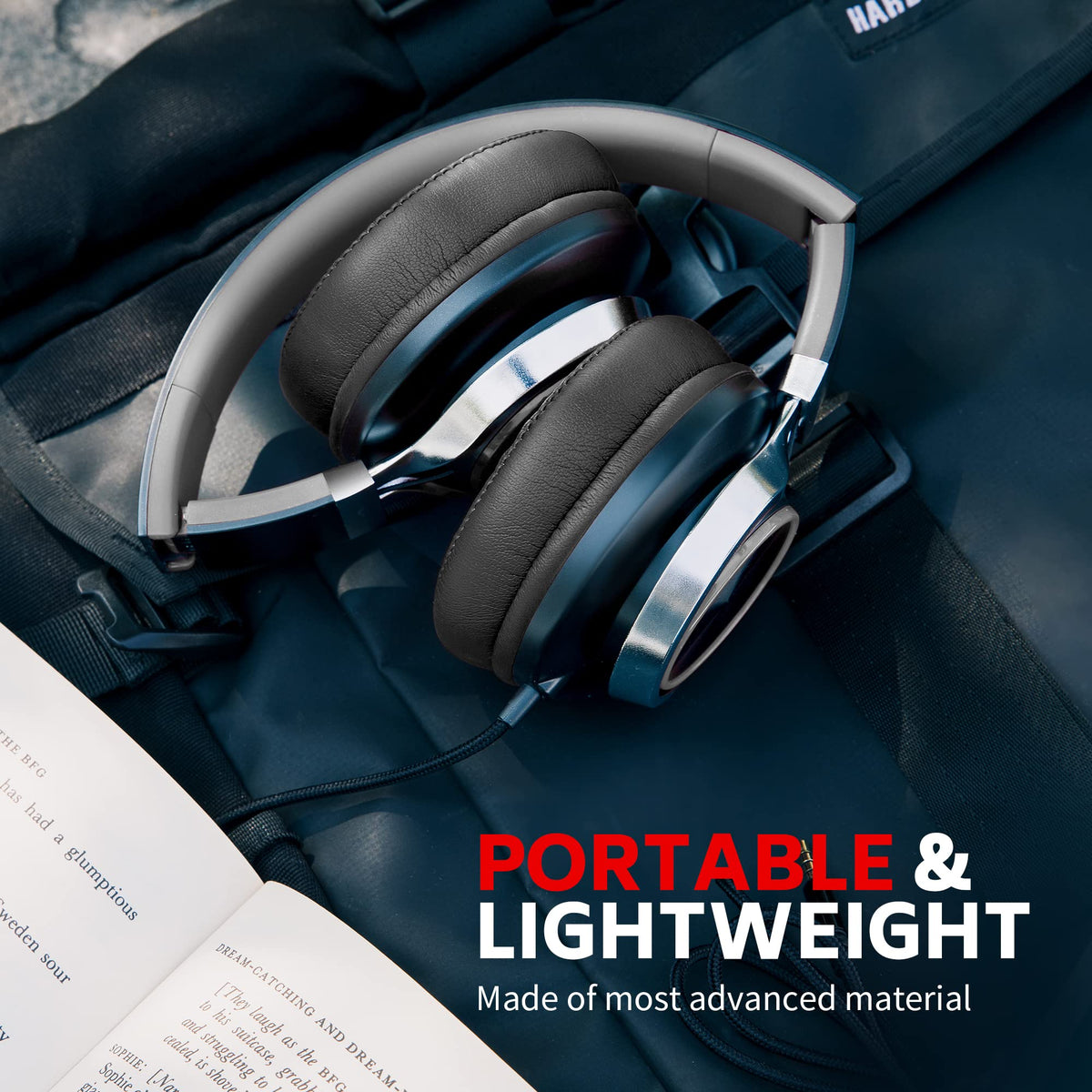 COOSII AC01 next to a tablet for scale showing headset size and comfortable fit
