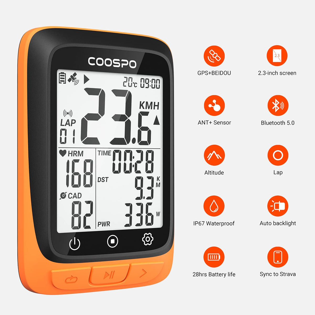 CooSpo BC107 screen in ride mode showing GPS metrics for route tracking