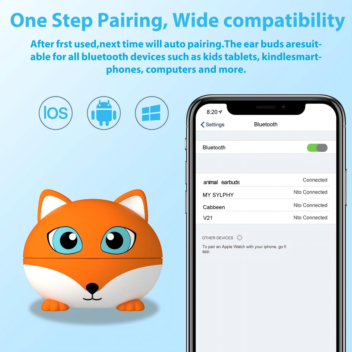 COOTIMOCK Kids Earbuds in a fox charging case for portable charging