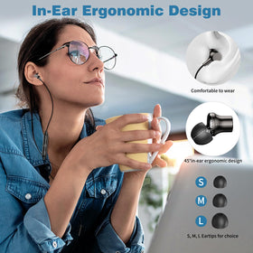 COOYA earbuds worn in ear demonstrating ergonomic comfort and secure fit