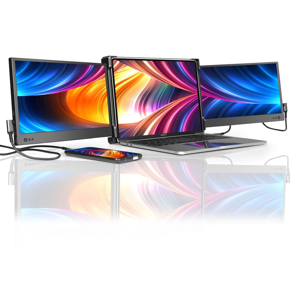 CopGain P2 triple-monitor setup on a laptop for seamless multitasking on the go