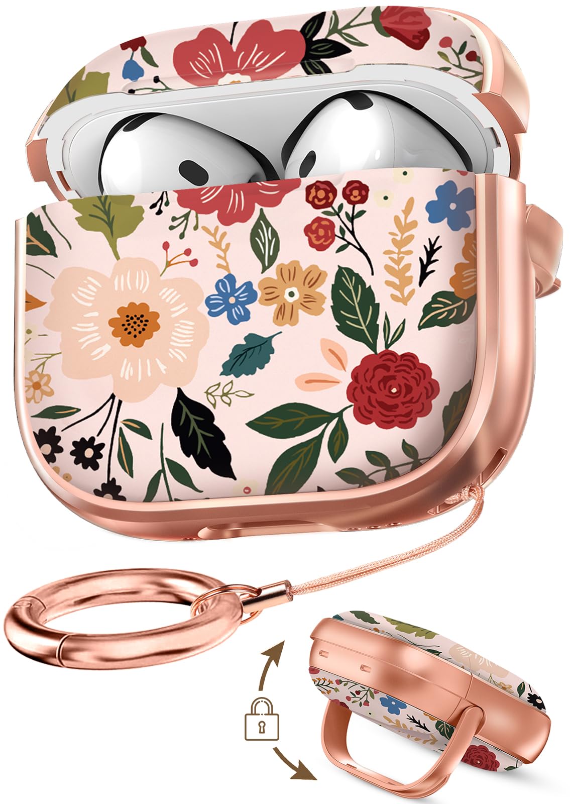 Coralogo AirPods 4 case with safety lock and beige flower pattern for secure protection.
