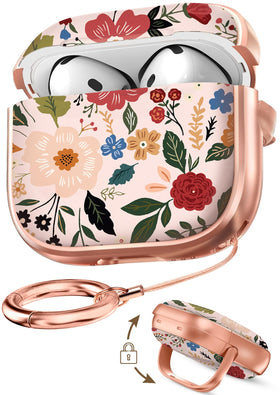Coralogo AirPods 4 case with safety lock and beige flower pattern for secure protection.