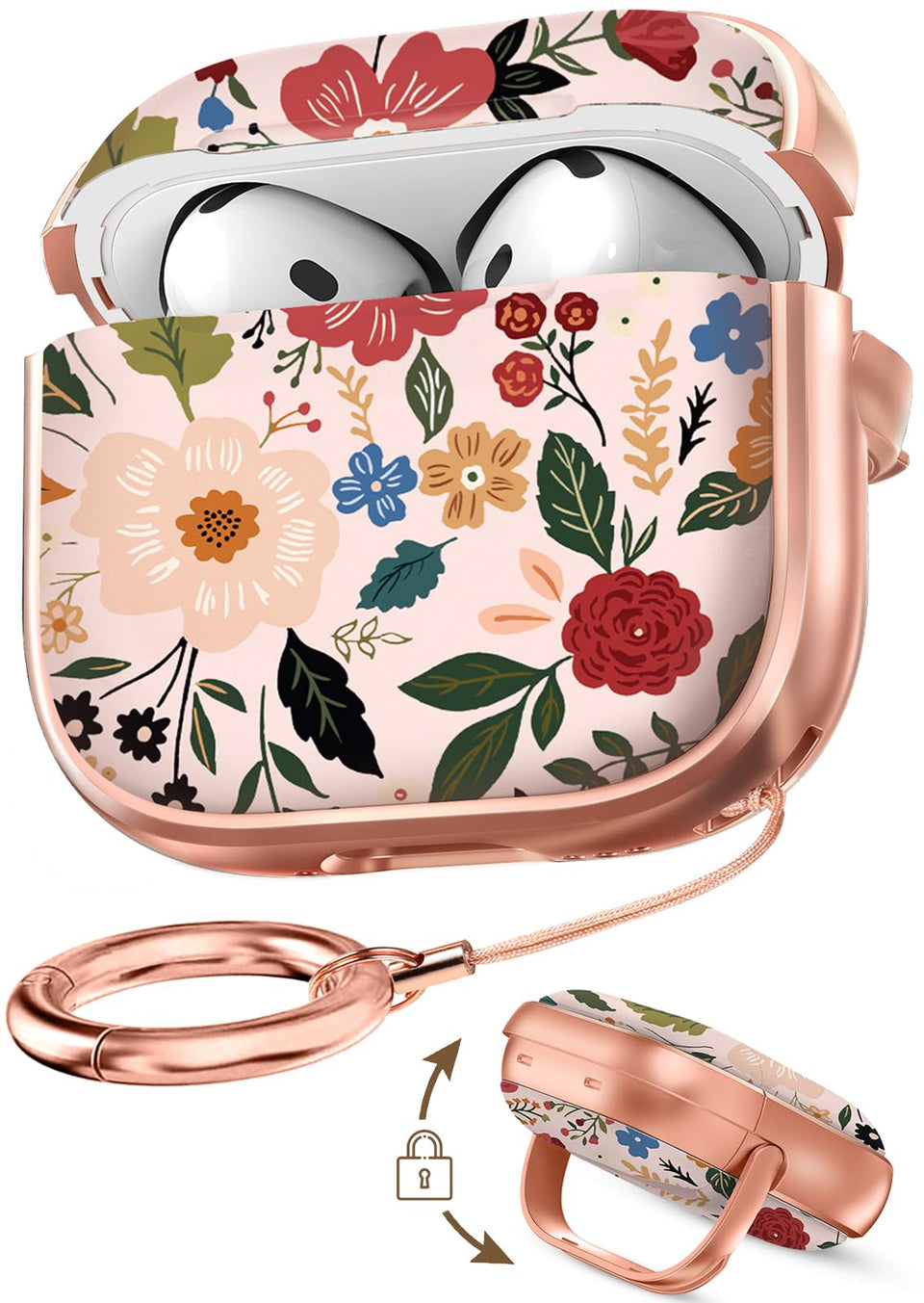 Coralogo AirPods 4 case with safety lock and beige flower pattern for secure protection.