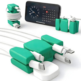 CordBrick 2PK silicone-steel weighted cord holder at bedside keeps cables tidy.
