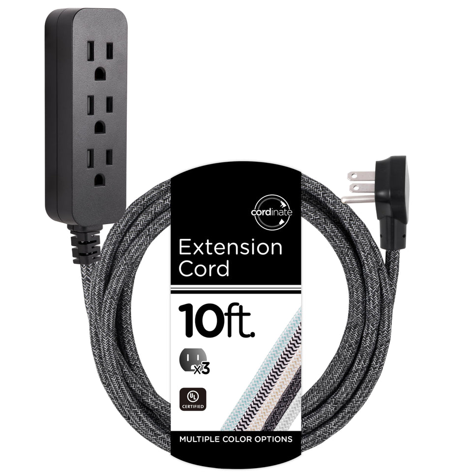 Cordinate 3-outlet braided extension cord with flat plug for space-saving setup