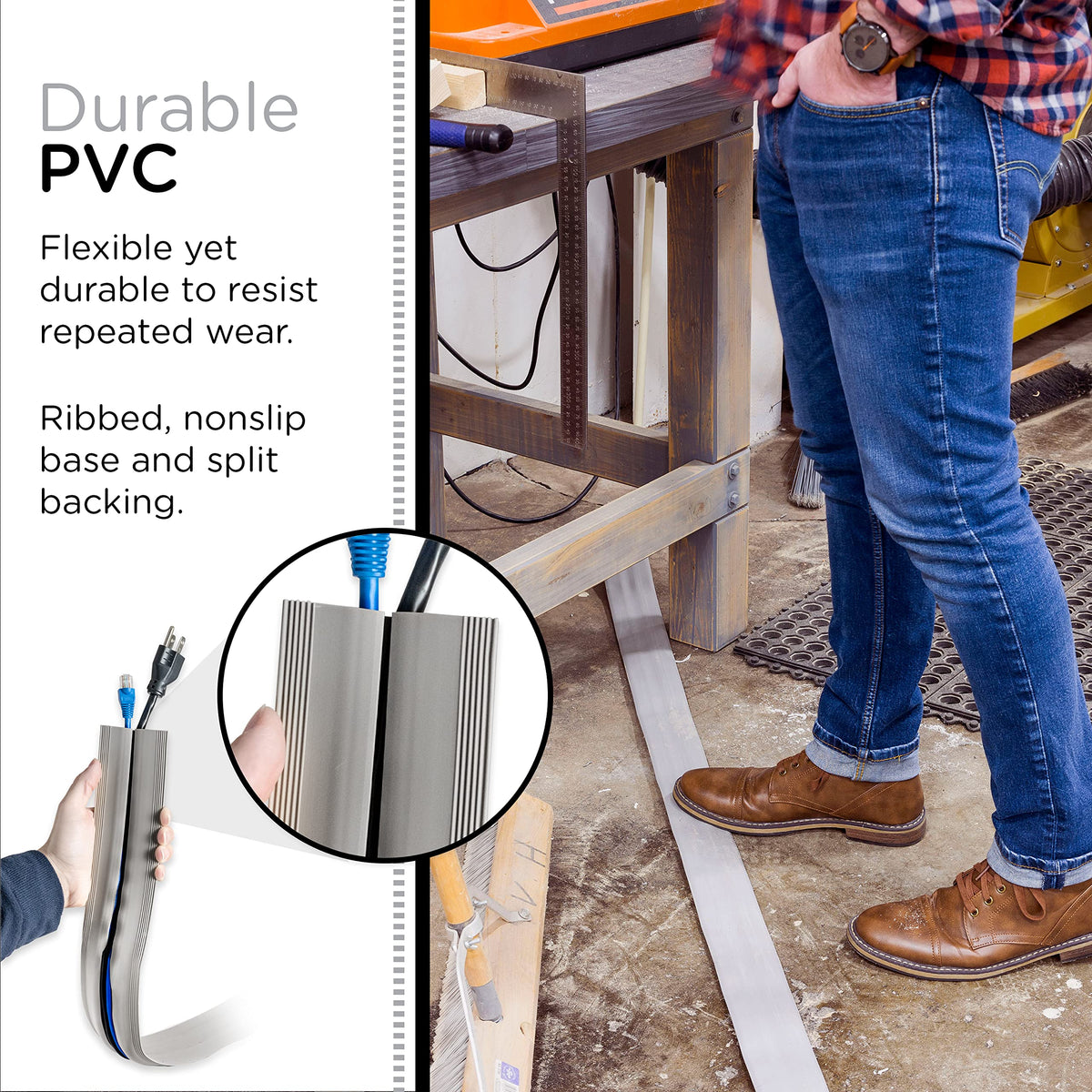 Cordinate 6ft floor cord cover bottom split channel enables easy wire feeding.