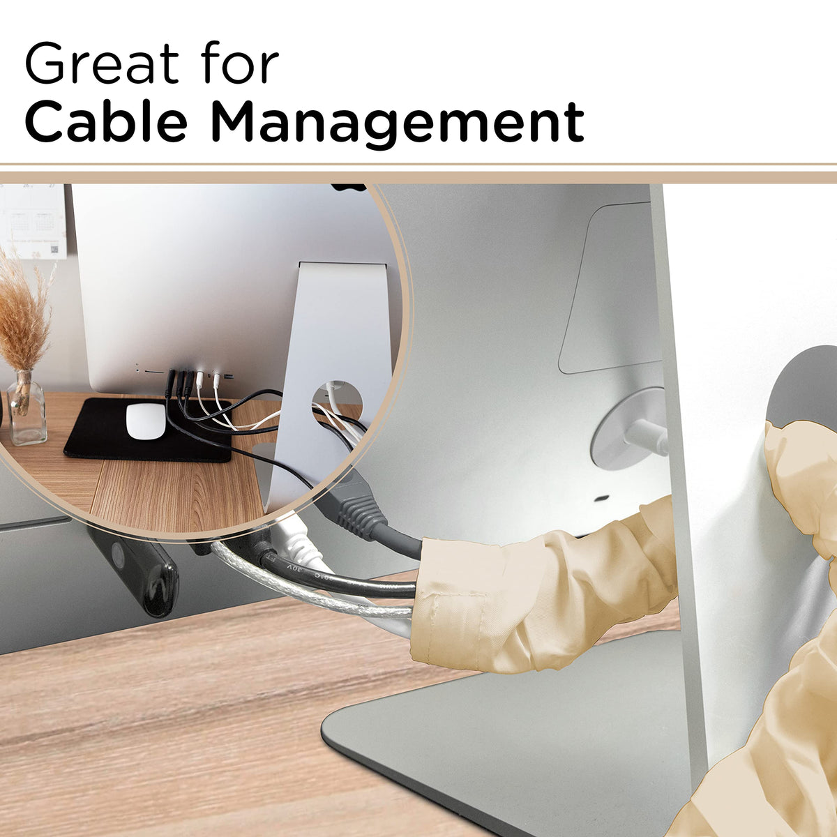 Cordinate fabric cord cover wrapped around desk cables keeps workspace organized