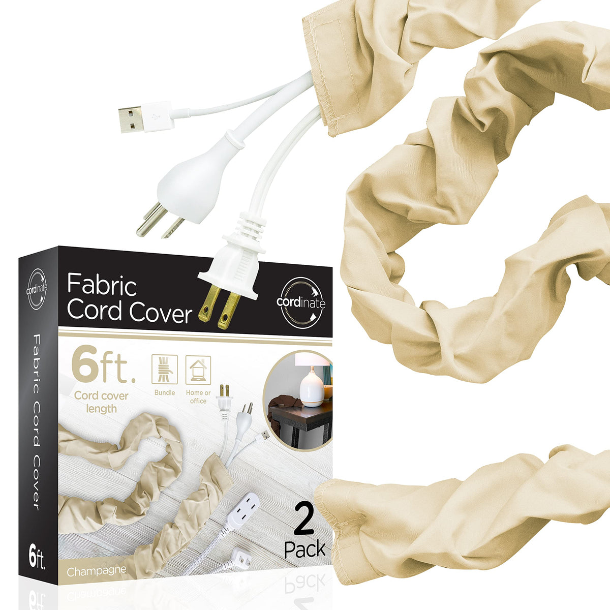 Cordinate fabric cord cover 6ft conceals lamps and fixtures for a tidy setup