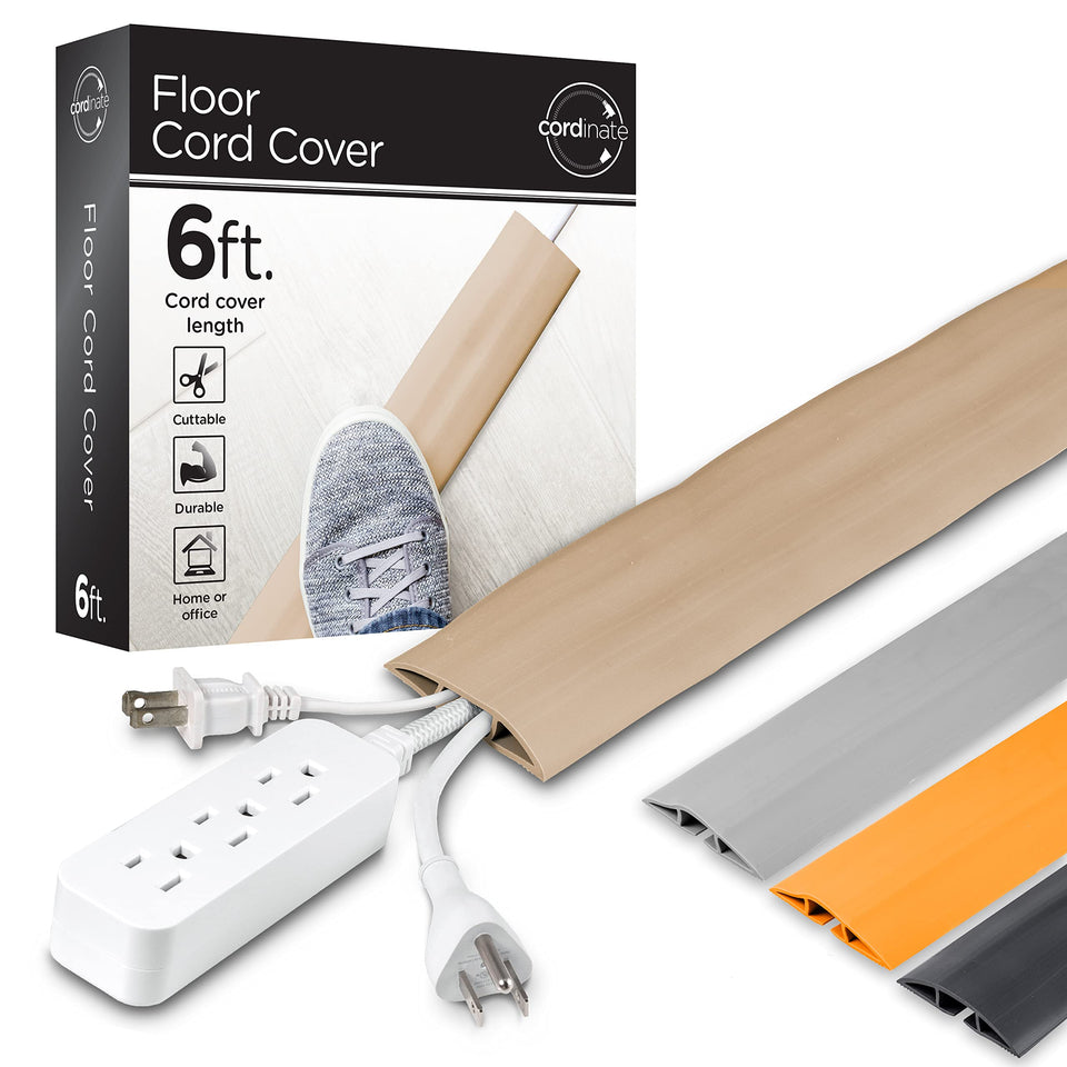 Cordinate floor cord cover in tan hides cables and reduces tripping hazards on any floor