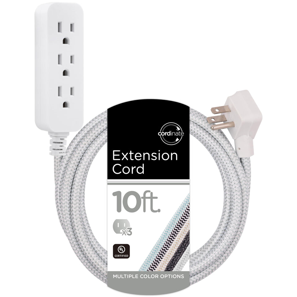 Cordinate three-outlet extension cord with braided fabric adds versatile charging at home or in the office.
