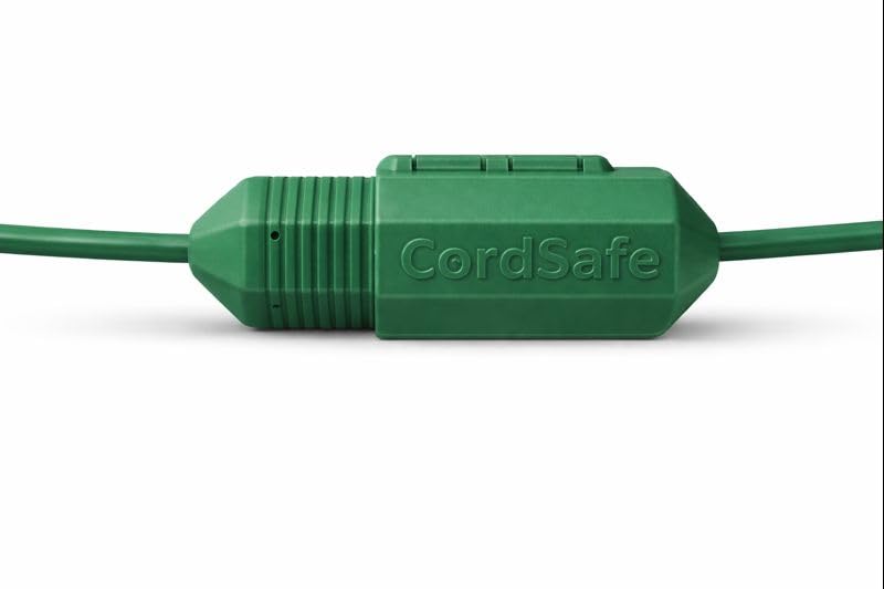 CordSafe front view showing closed protector securing an extension cord connection, brand CordSafe secures plugs