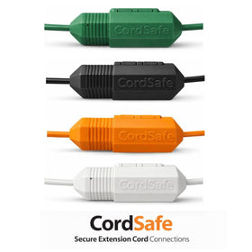CordSafe protecting extension cord between power tool and cord reel on a worksite, CordSafe reduces accidental separation