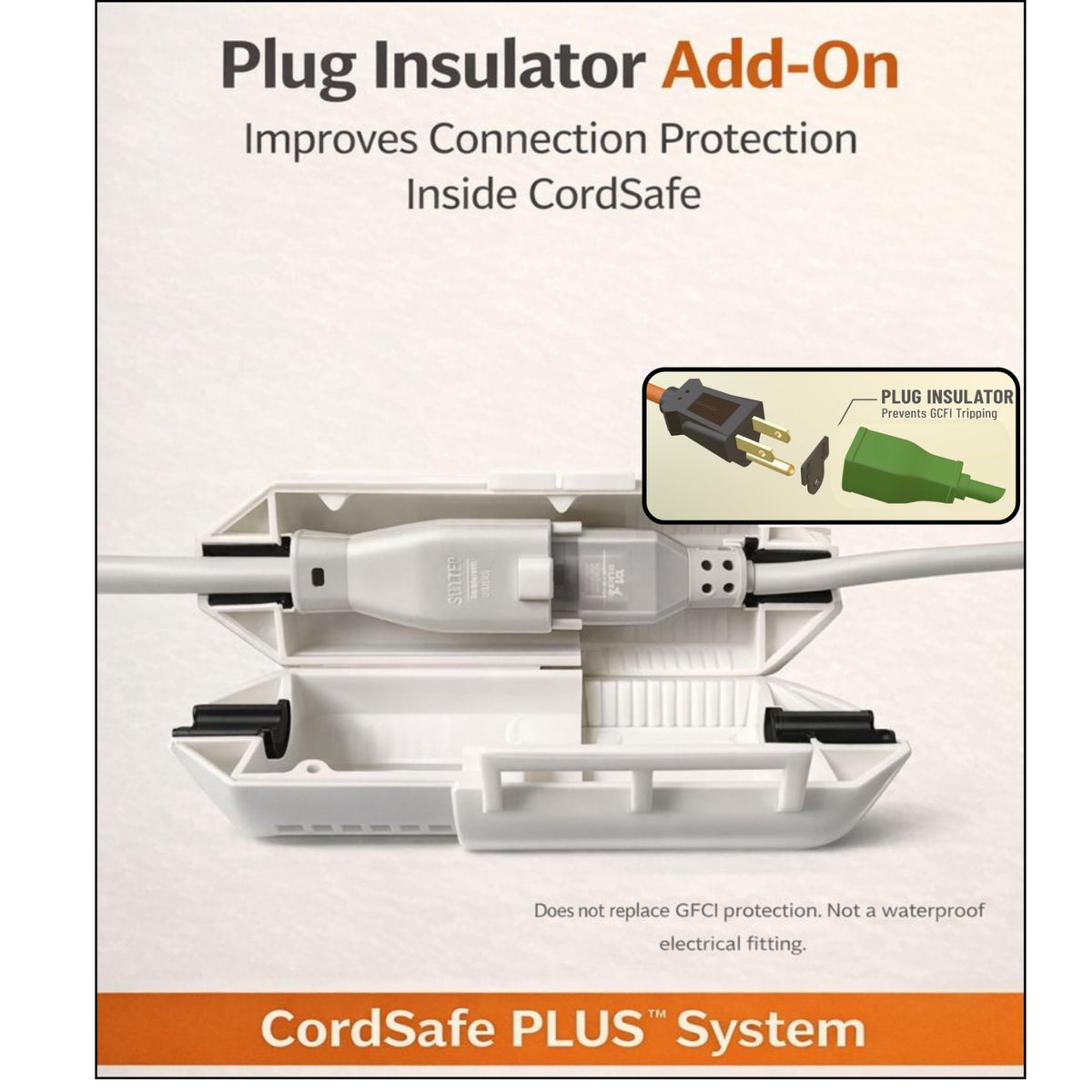 Two-piece CordSafe Plus design allows fast, tool-free installation at the cord junction.