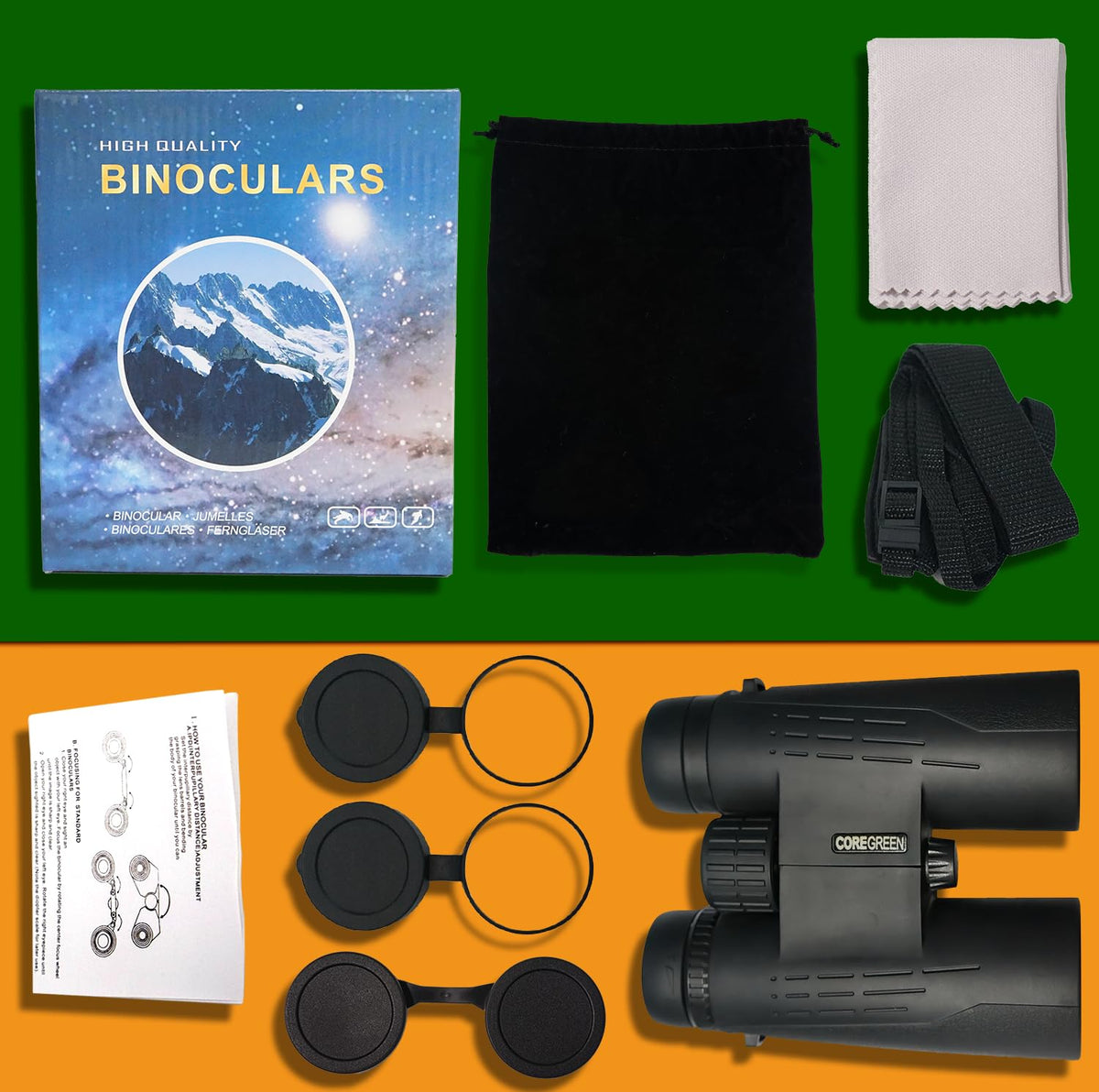 Coregreen included case, strap and lens covers displayed for travel convenience benefit