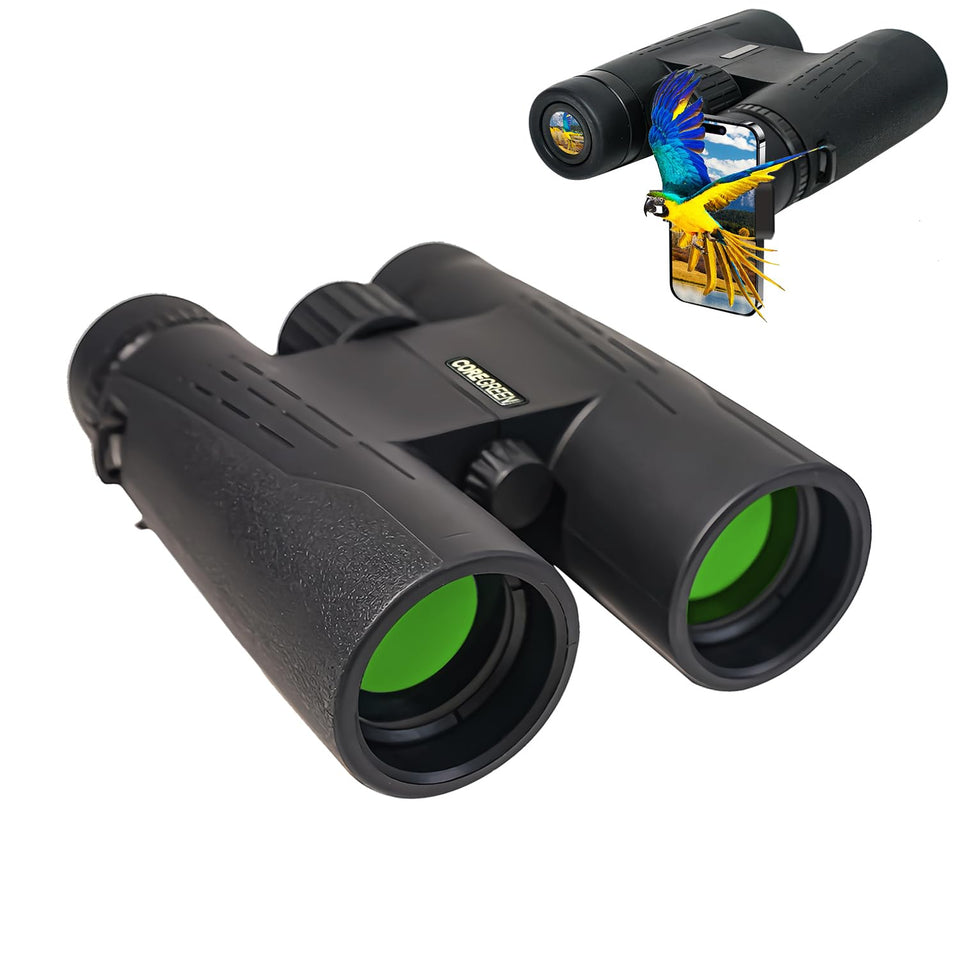 Coregreen binoculars front view highlighting compact design and clear optics benefit