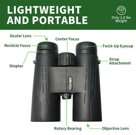 Coregreen binoculars held in hand to show lightweight 1.0 lb portability benefit