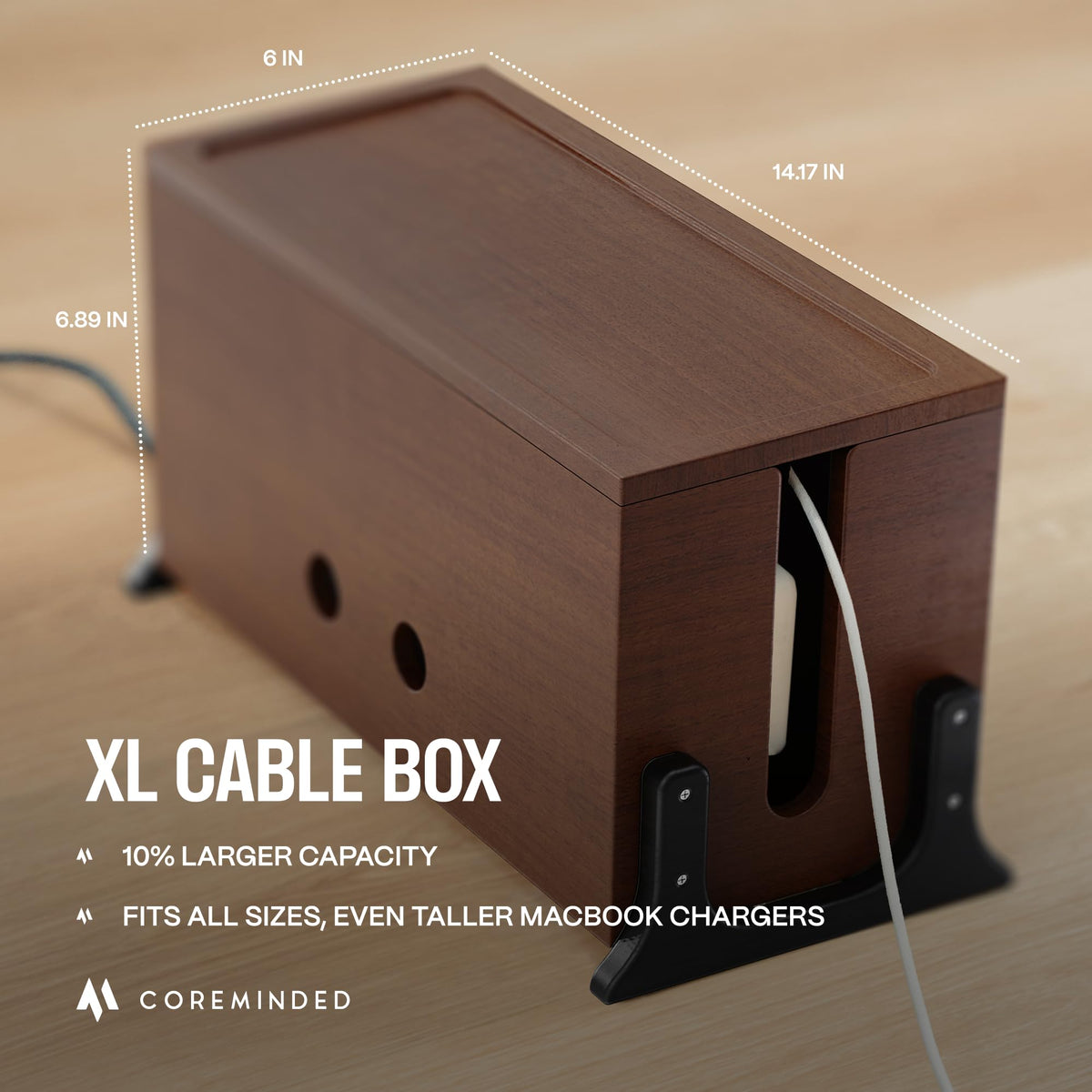 COREMINDED box open showing roomy interior for tall chargers and neat storage