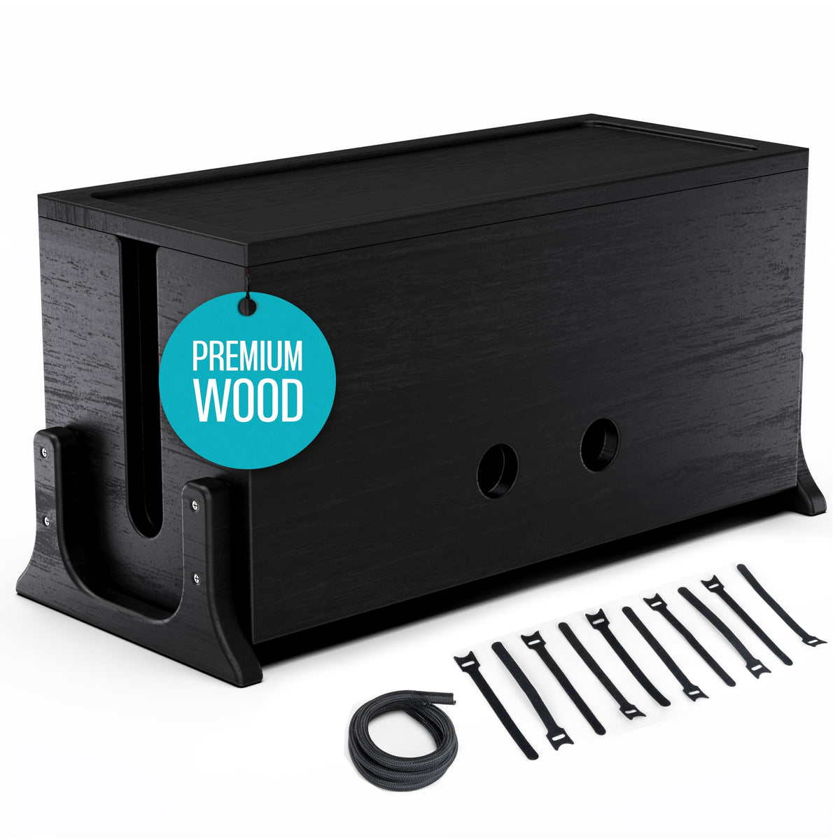 COREMINDED front view of wood cable box showing tidy appearance and concealed wires