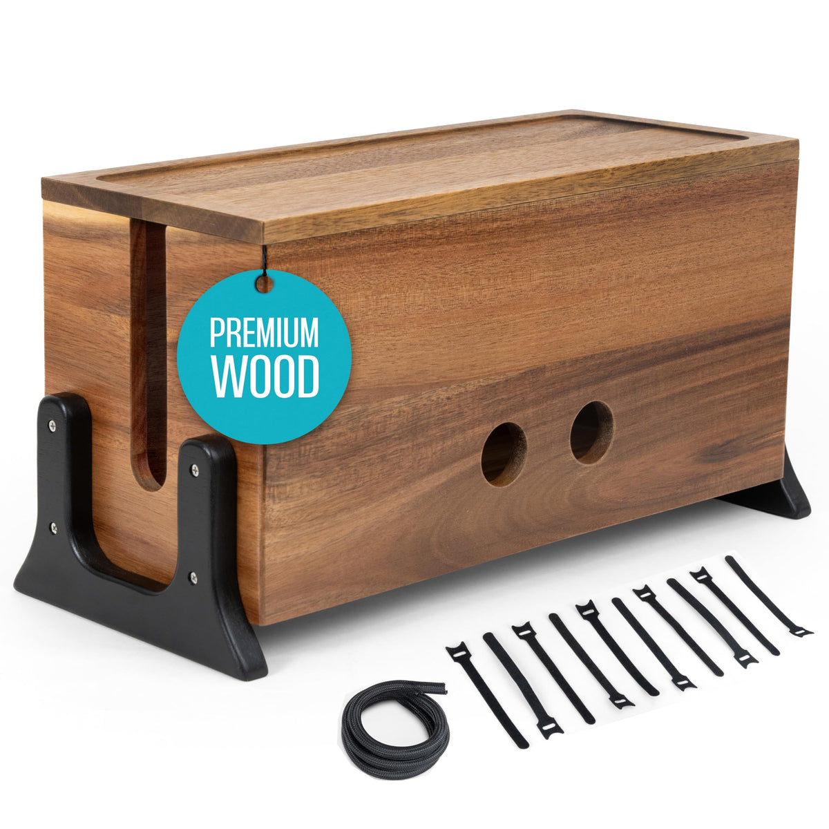 COREMINDED front view of wood cable box showing tidy aesthetic and hidden cords