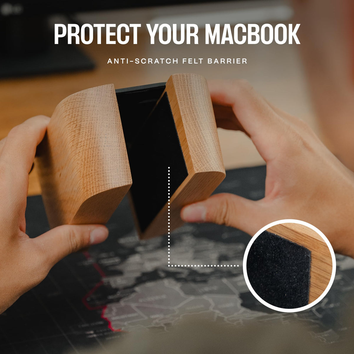 COREMINDED MacBook in stand side profile saving desk space