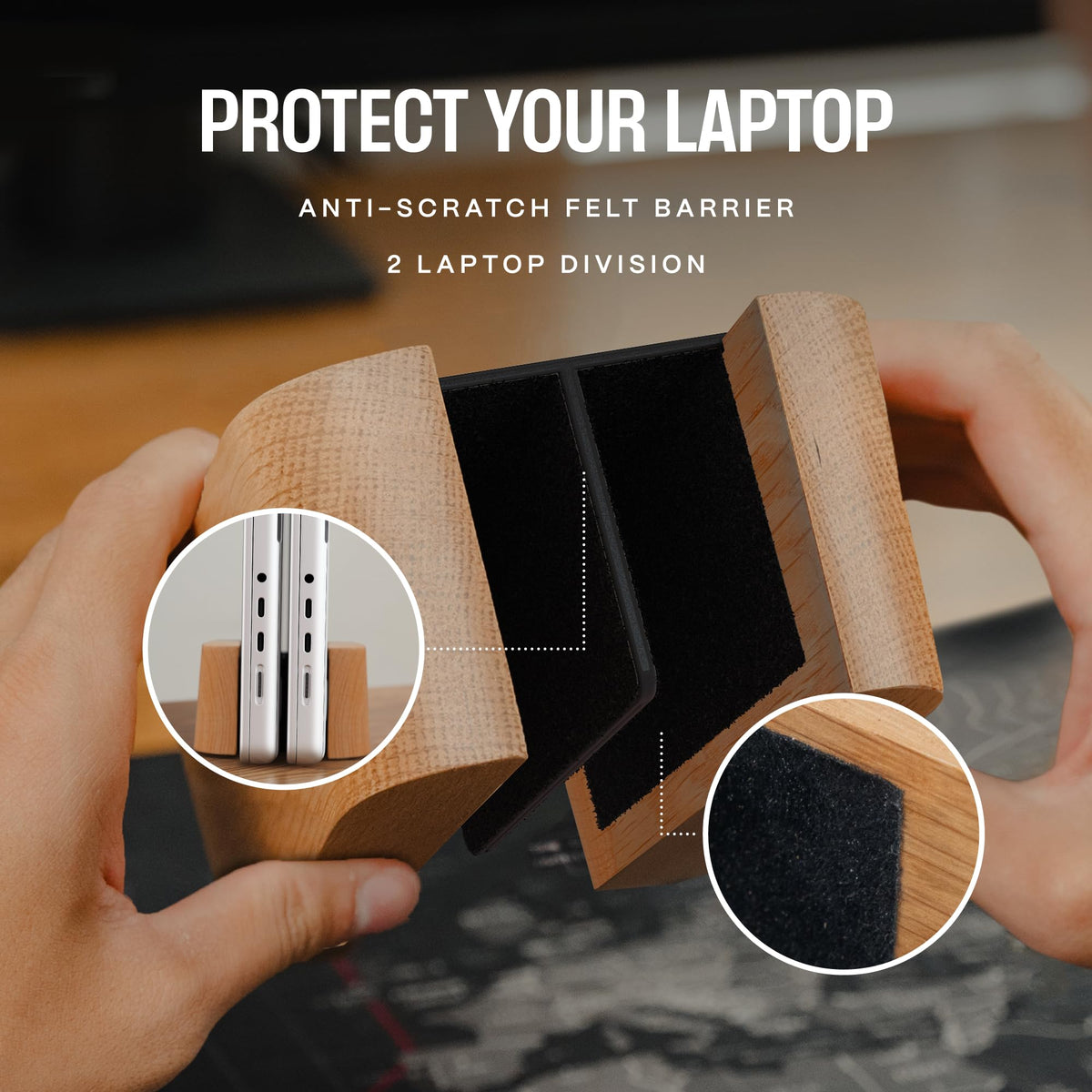 COREMINED stand in use with MacBook Pro saving workspace and aiding cable access