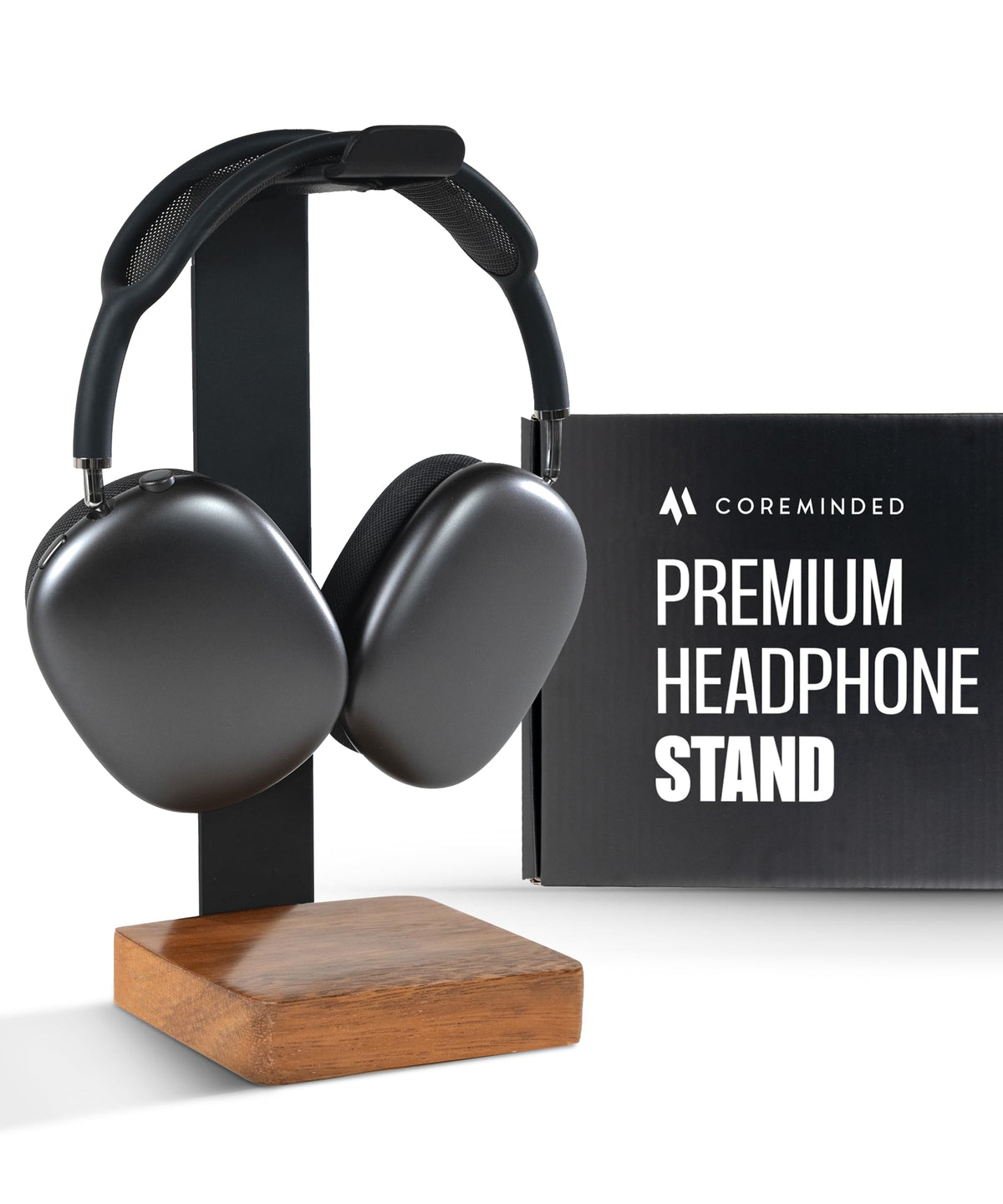 COREMINDED universal headphone stand with a sturdy base enhances desk organization.