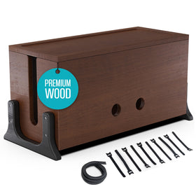 COREMINDED front view of wooden cable box hiding cords and improving desk aesthetics