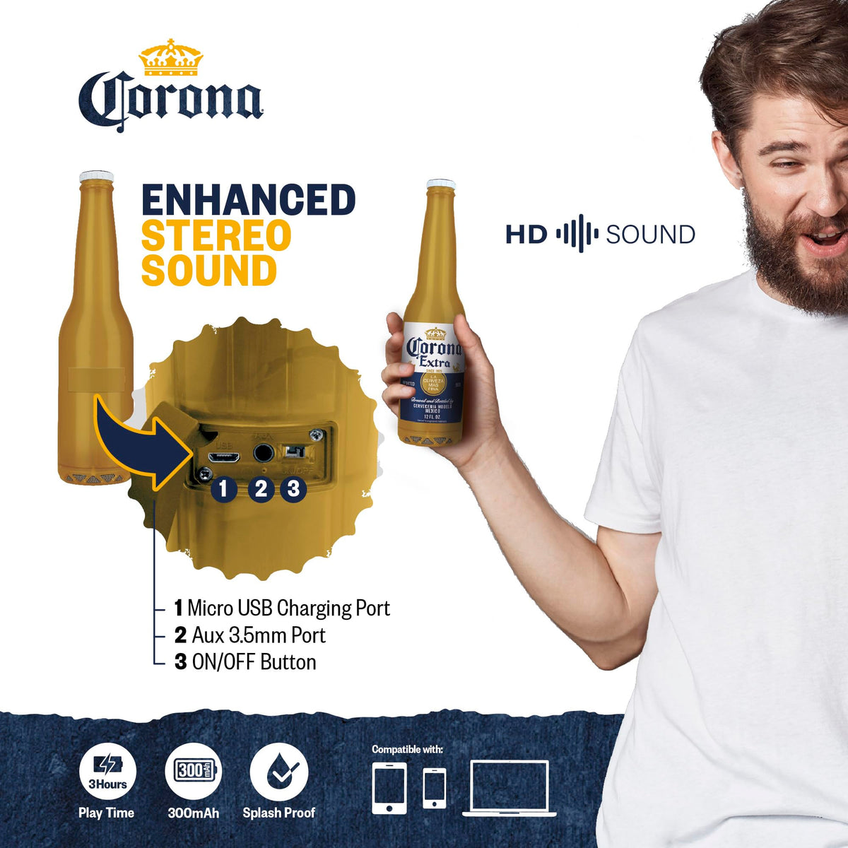 Corona Beer Bottle Bluetooth Speaker held in hand for on-the-go use
