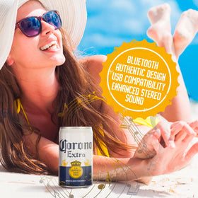 Corona Can Bluetooth Speaker in hand, ready for on-the-go music.