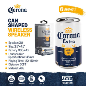 Corona Can Bluetooth Speaker side view, compact and easy to carry.