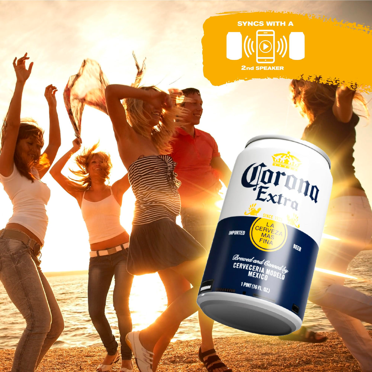 Corona Can Bluetooth Speaker silhouette on dark background, sleek bottle-inspired design.