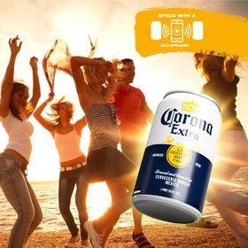 Corona Can Bluetooth Speaker silhouette on dark background, sleek bottle-inspired design.