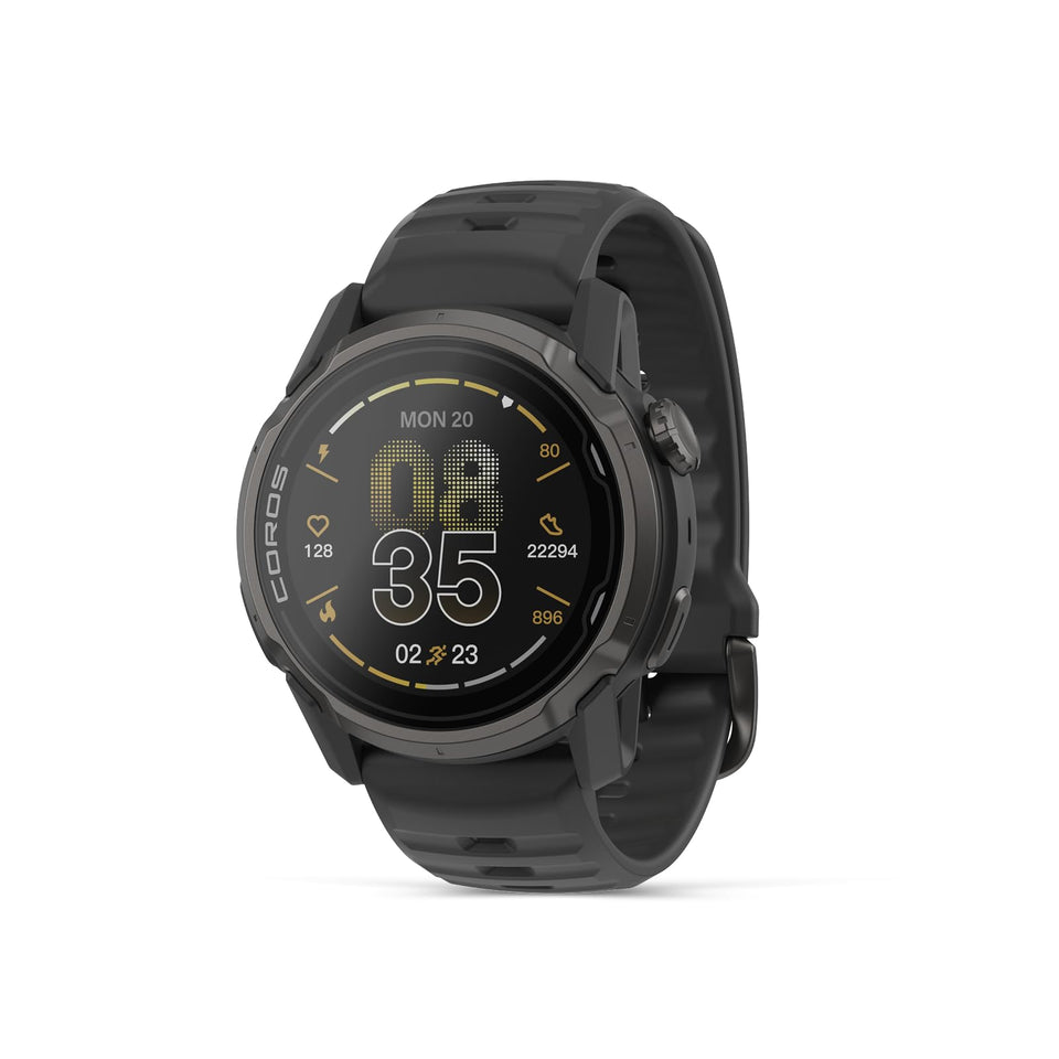 COROS APEX 4 on the wrist with a rugged titanium frame for trail use