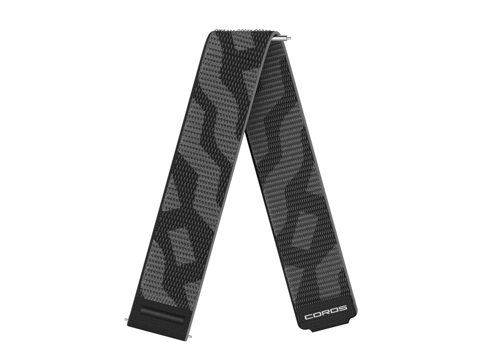 COROS nylon band front view showing black weave and secure fit benefit