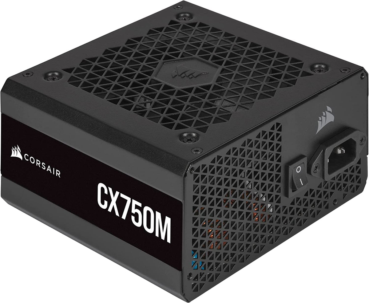 Corsair CX-M CX750M Renewed front view showing compact modular design for tidy builds.