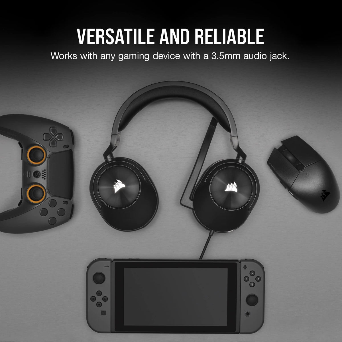 Corsair HS55 included Y-adapter beside headset showing PC compatibility benefit
