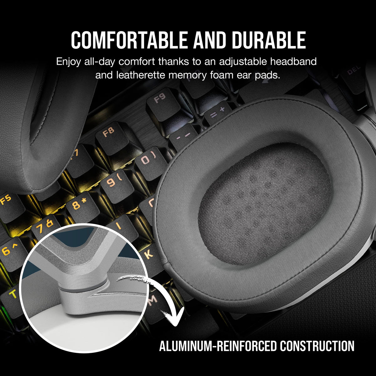Corsair HS65 aluminum frame detail for durability and lightness.