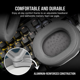 Corsair HS65 aluminum frame detail for durability and lightness.