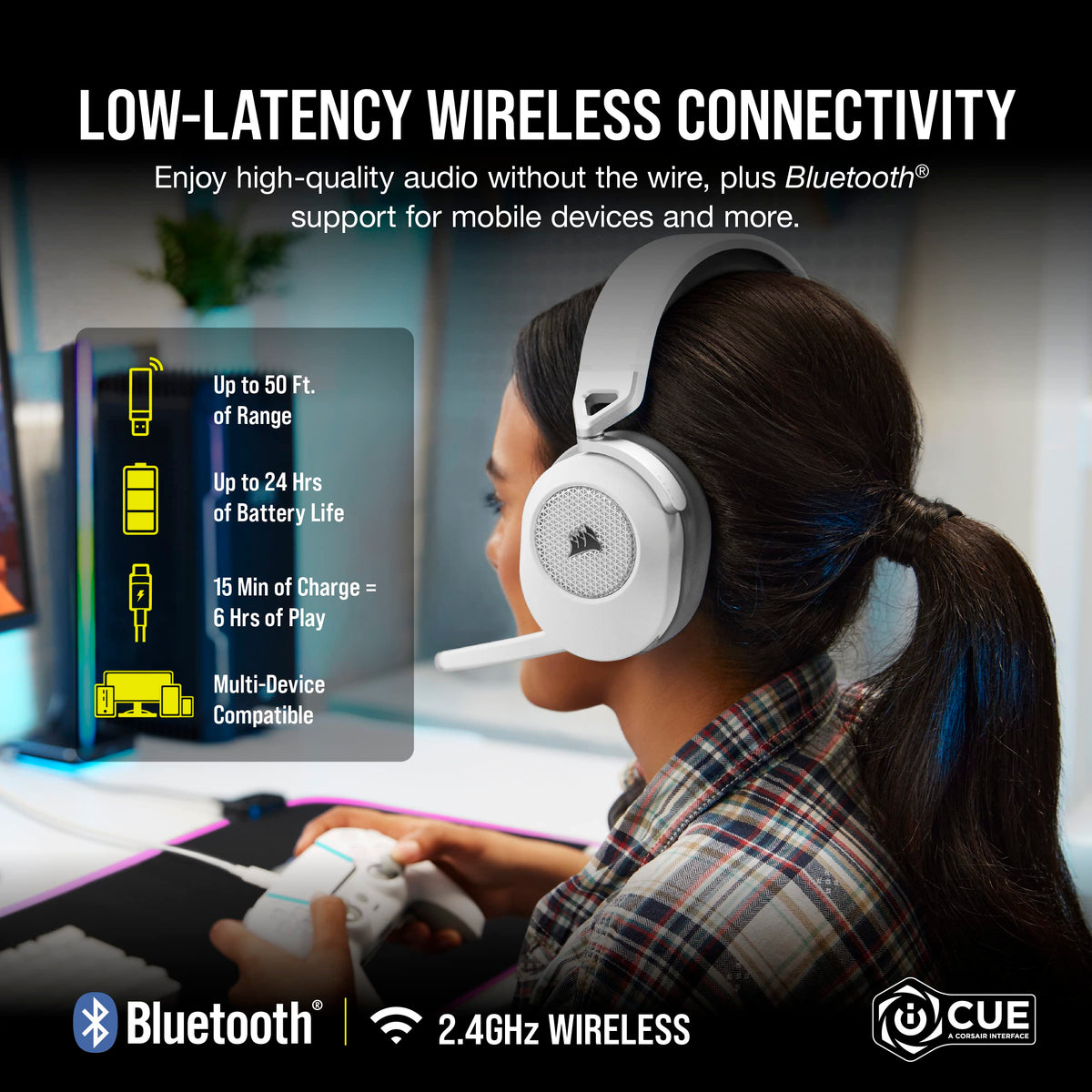 Corsair HS65 side view highlighting lightweight aluminum frame and comfortable headband.