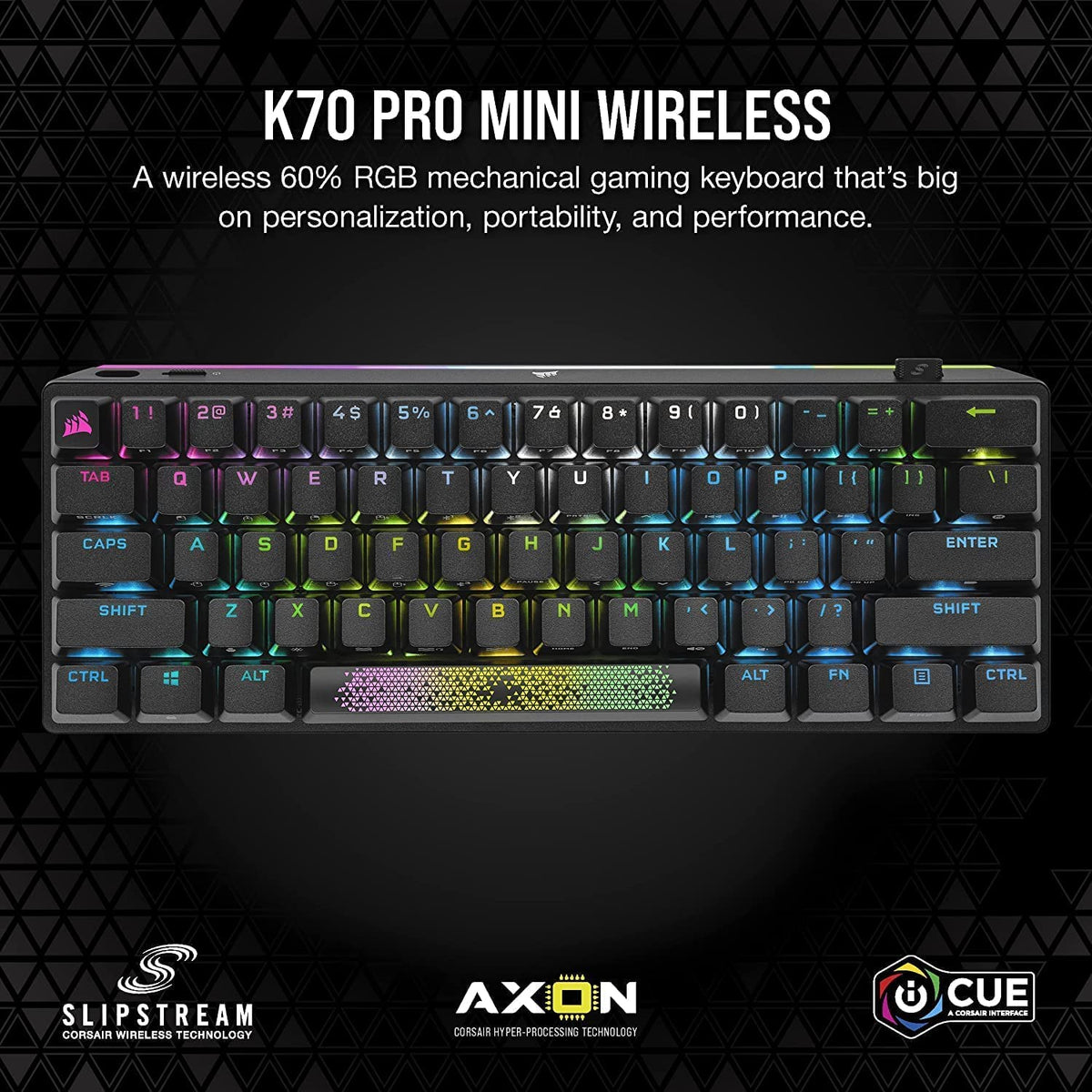 Corsair K70 Pro Mini wireless setup with USB dongle and Bluetooth.