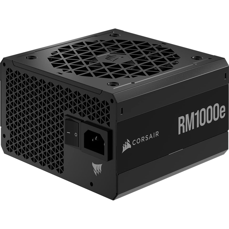 Corsair RM1000e fully modular PSU front view for clean builds and cable management.