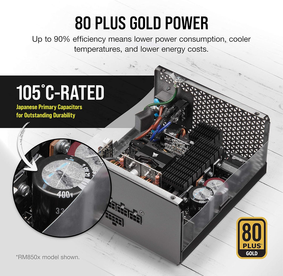 Corsair RM1000x 80 Plus Gold efficiency reduces waste and heat.