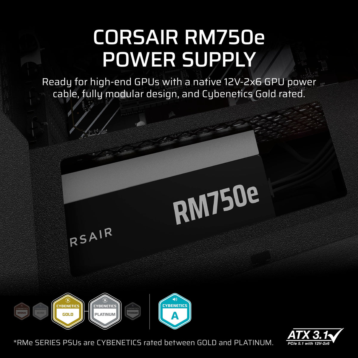 Corsair RM750e modular cables organized for clean, flexible builds.