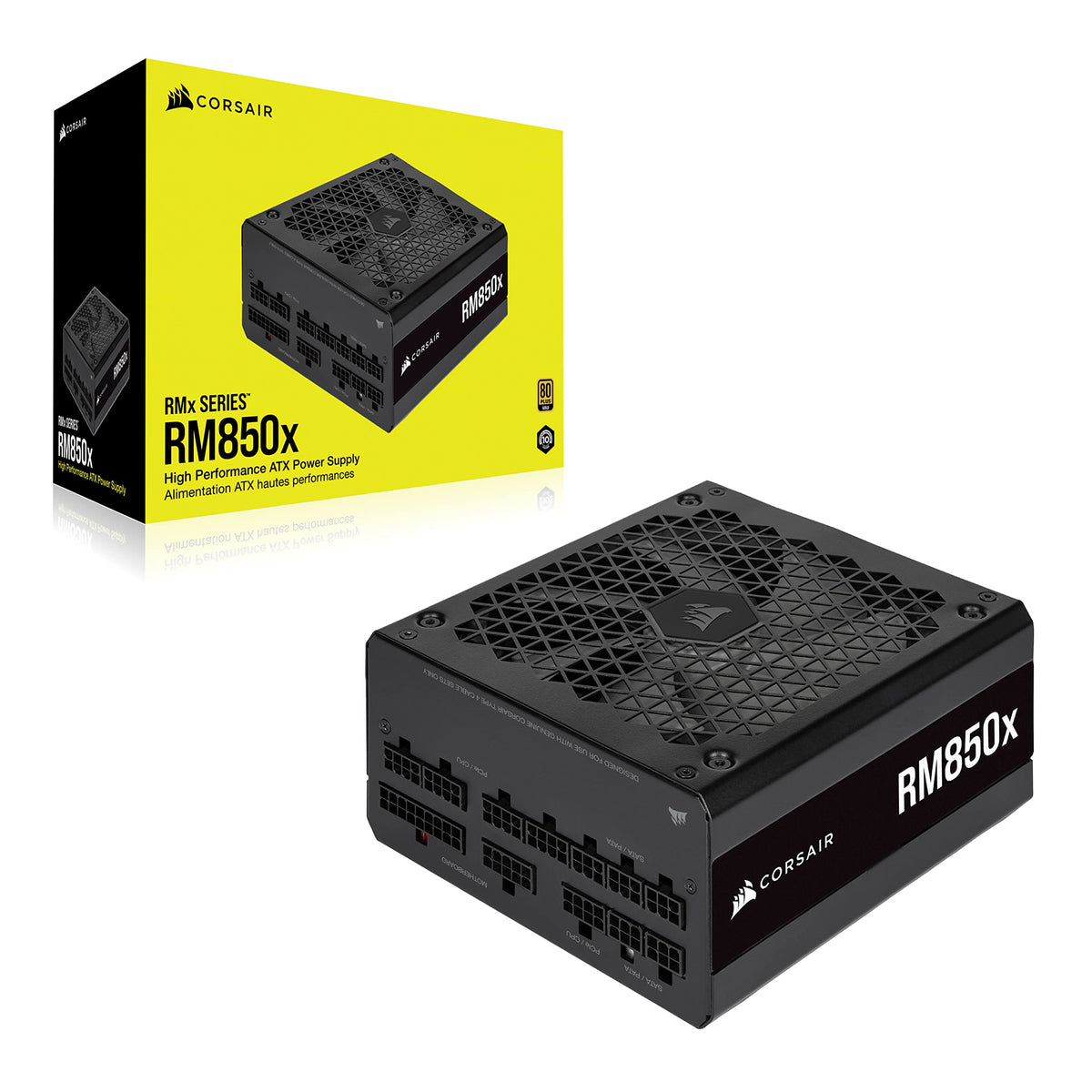 Corsair RM850x metallic exterior glow hints at premium build quality.